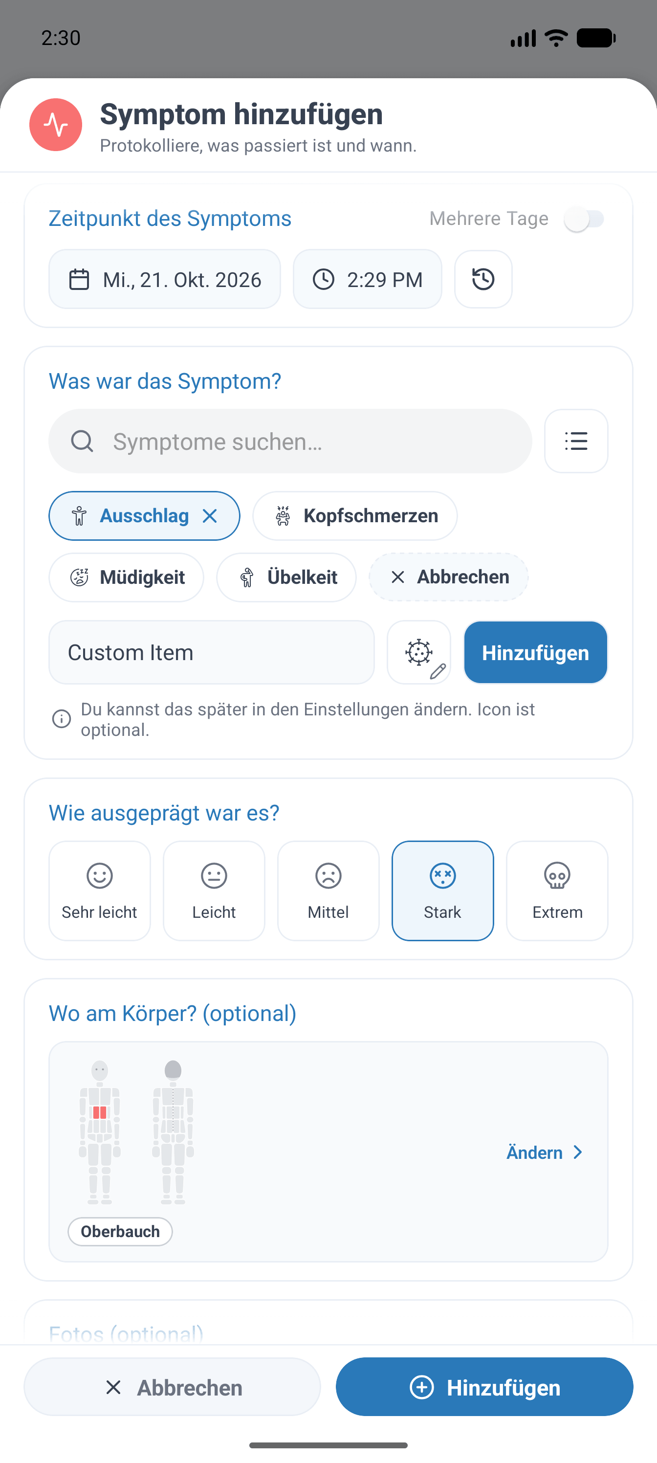 SympLog app screenshot: Wähle aus vordefinierten Symptomen oder erstelle eigene. Erfasse mehrere Symptome oder Tage auf einmal und füge optional Körperstellen und Fotos hinzu.