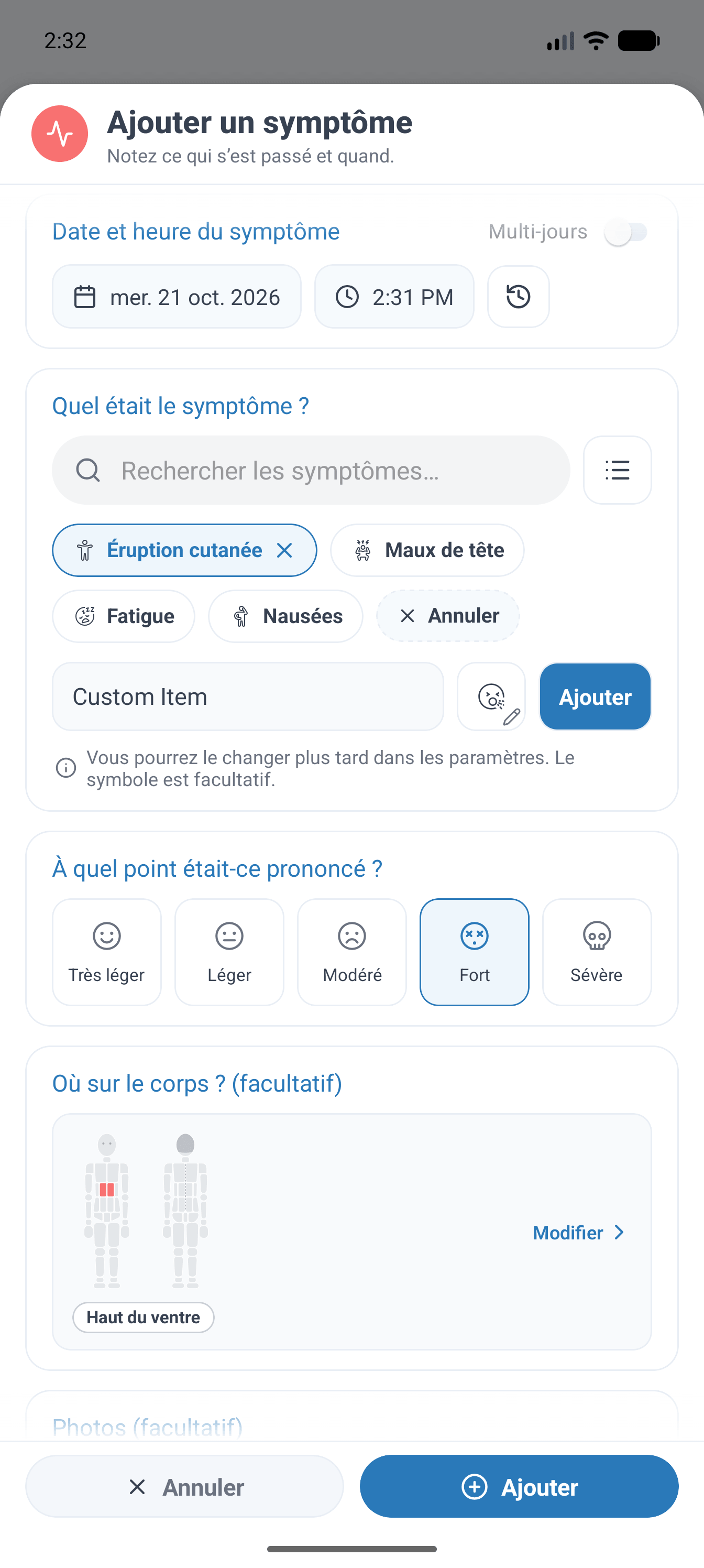 SympLog app screenshot: Choisissez parmi les symptômes intégrés ou créez les vôtres. Enregistrez plusieurs symptômes ou plusieurs jours à la fois, et ajoutez éventuellement une localisation sur la carte du corps et des photos.