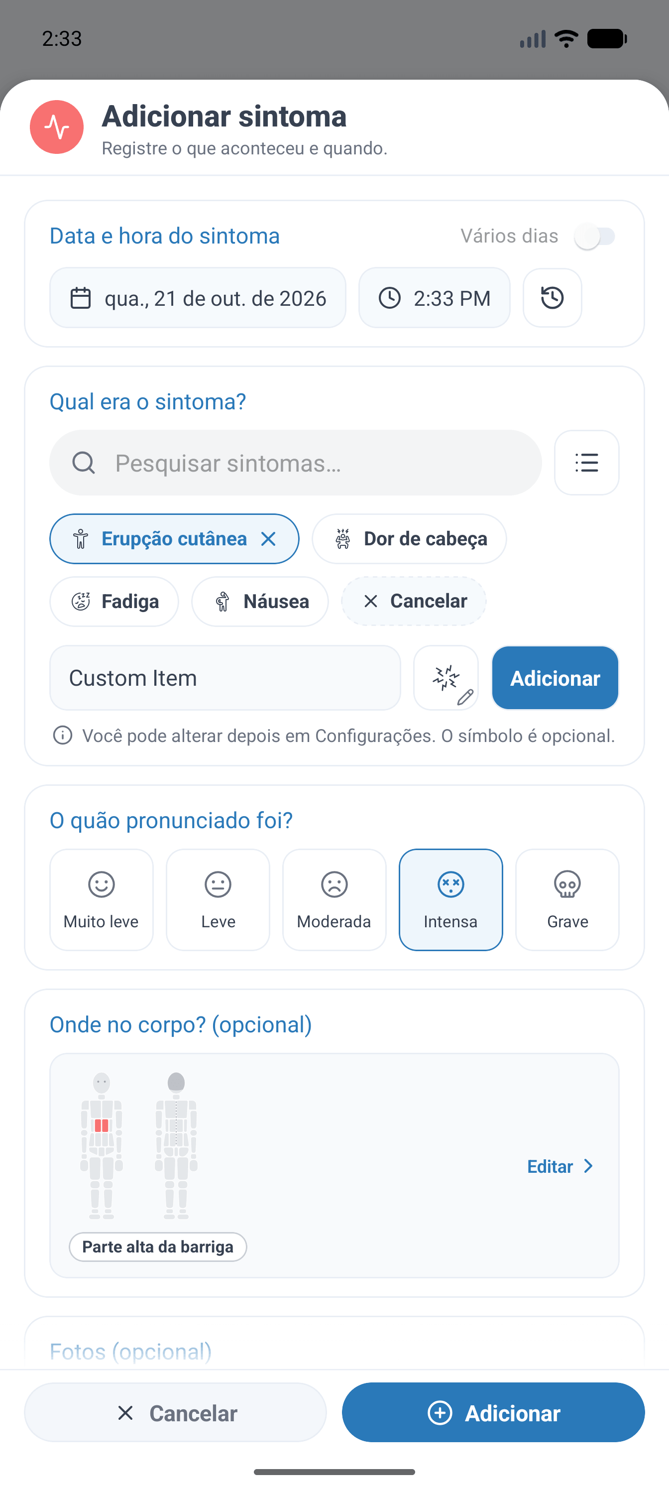 SympLog app screenshot: Escolha entre os sintomas integrados ou crie os seus. Registre vários sintomas ou vários dias de uma vez e, opcionalmente, marque o local no mapa corporal e adicione fotos.