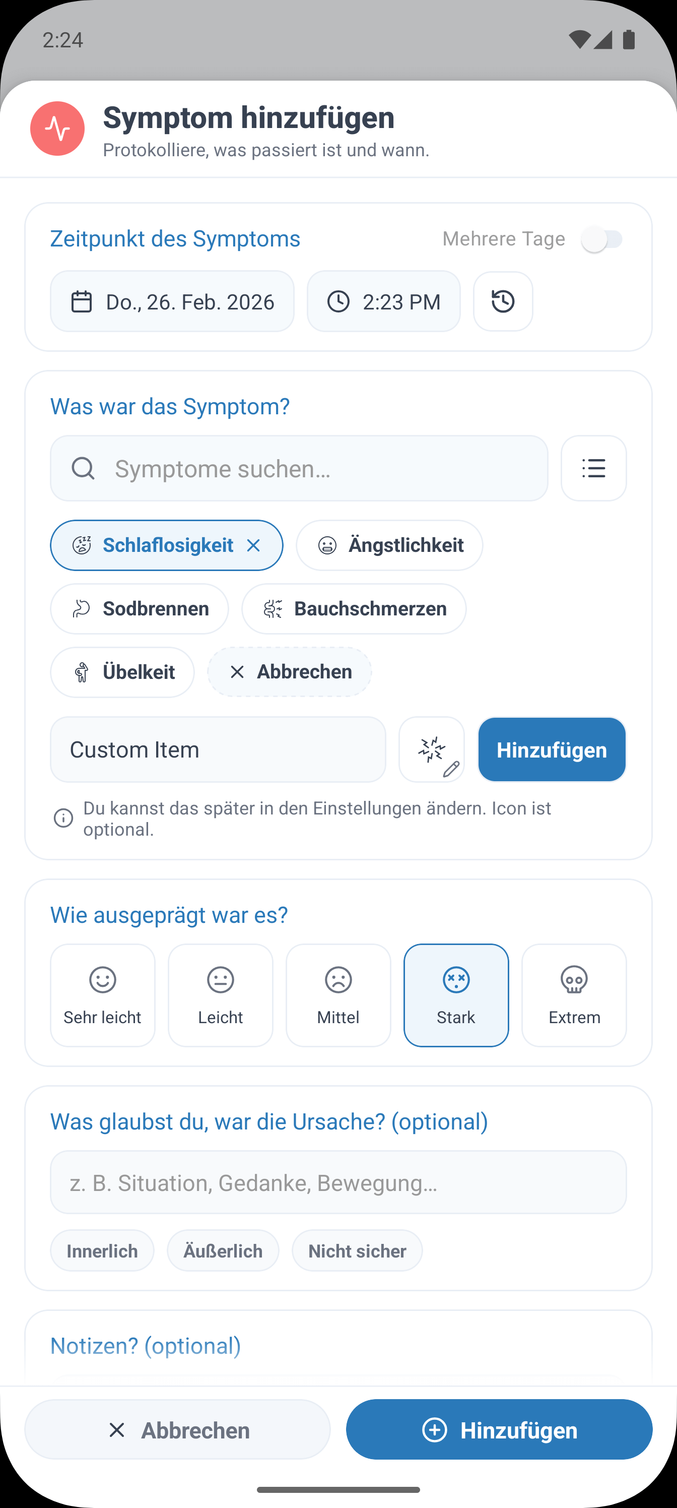 SympLog app screenshot: Wähle integrierte Kategorien oder erstelle eigene für Symptome, Aktivitäten, Ereignisse, Ernährung und Vitalwerte.