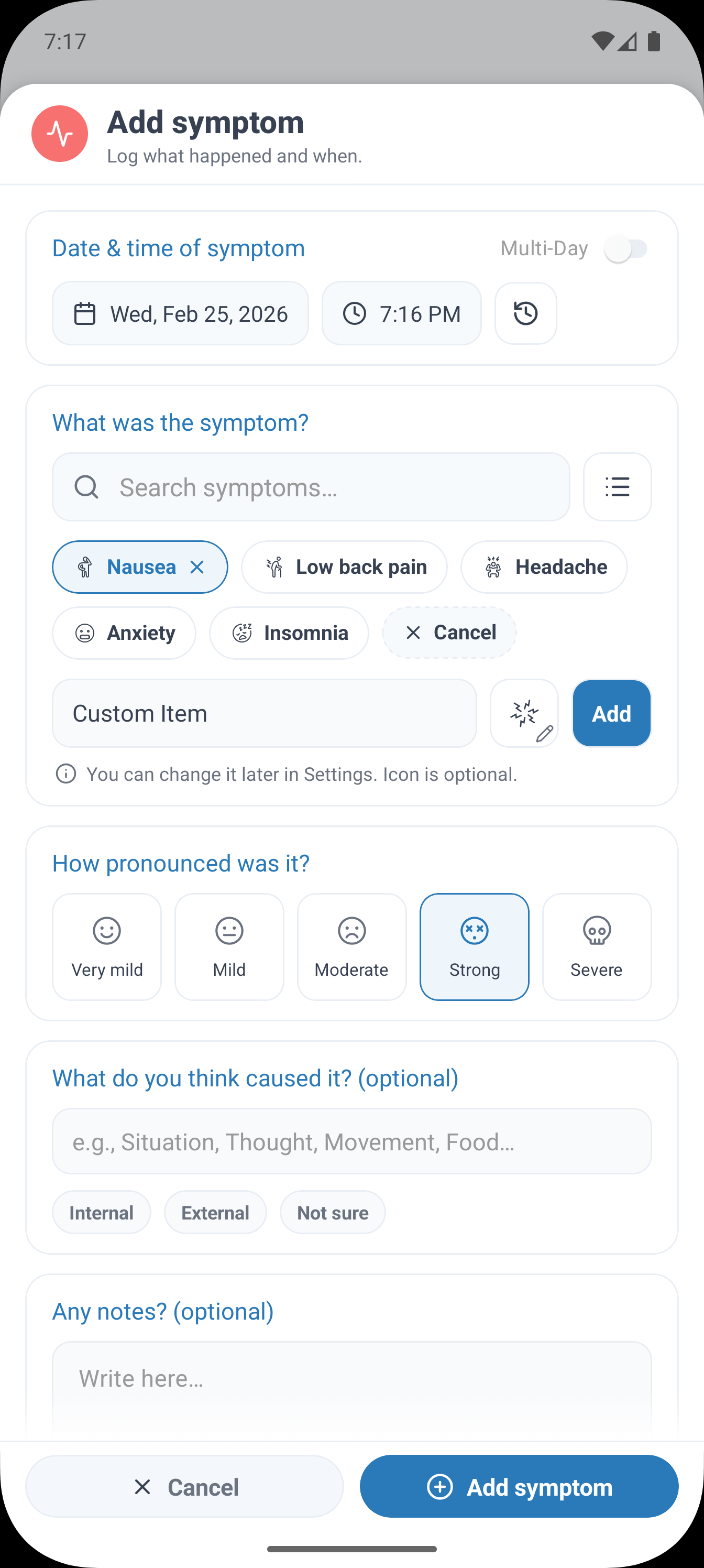 SympLog app screenshot: Choose from built-in categories or create your own for symptoms, activities, events, nutrition, and vitals.