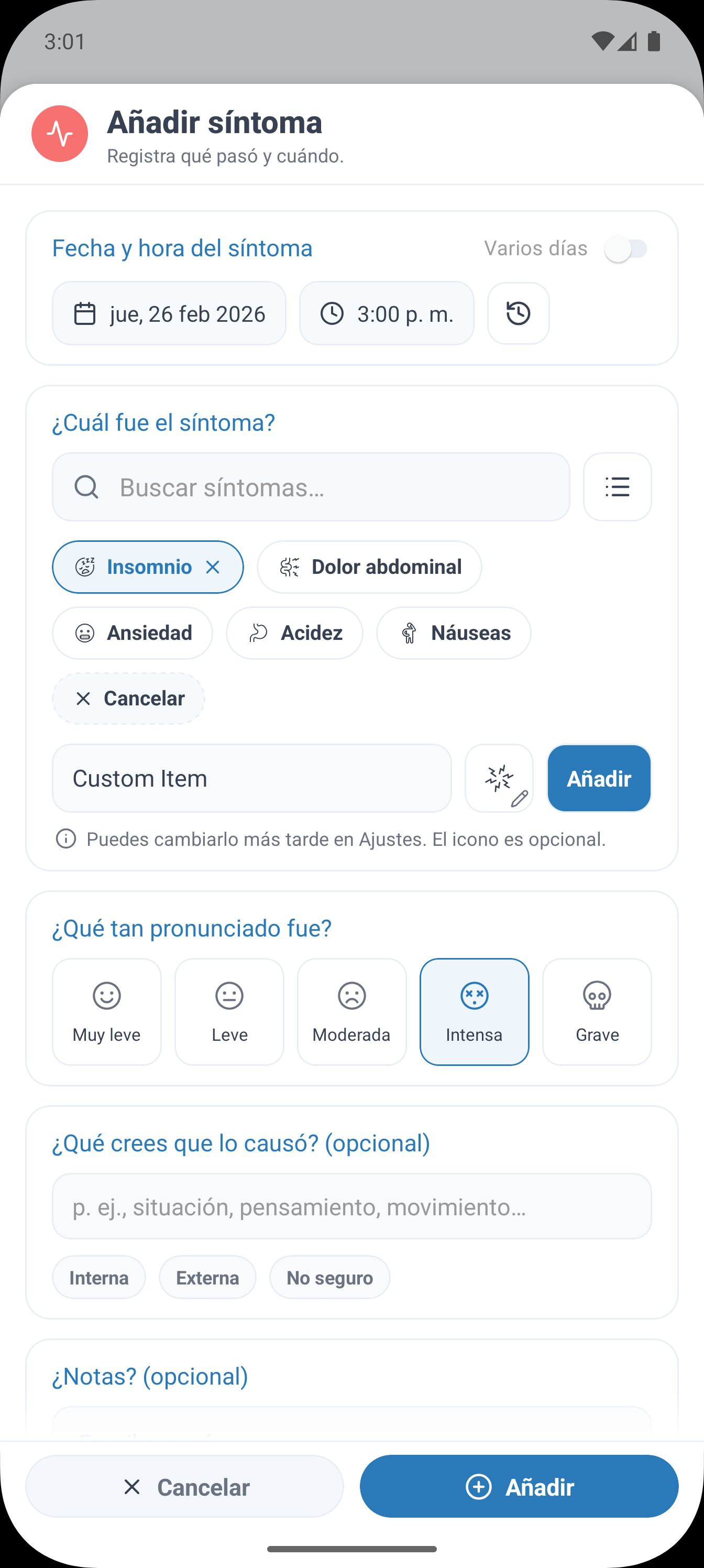 SympLog app screenshot: Elige categorías integradas o crea las tuyas para síntomas, actividades, eventos, nutrición y constantes vitales.