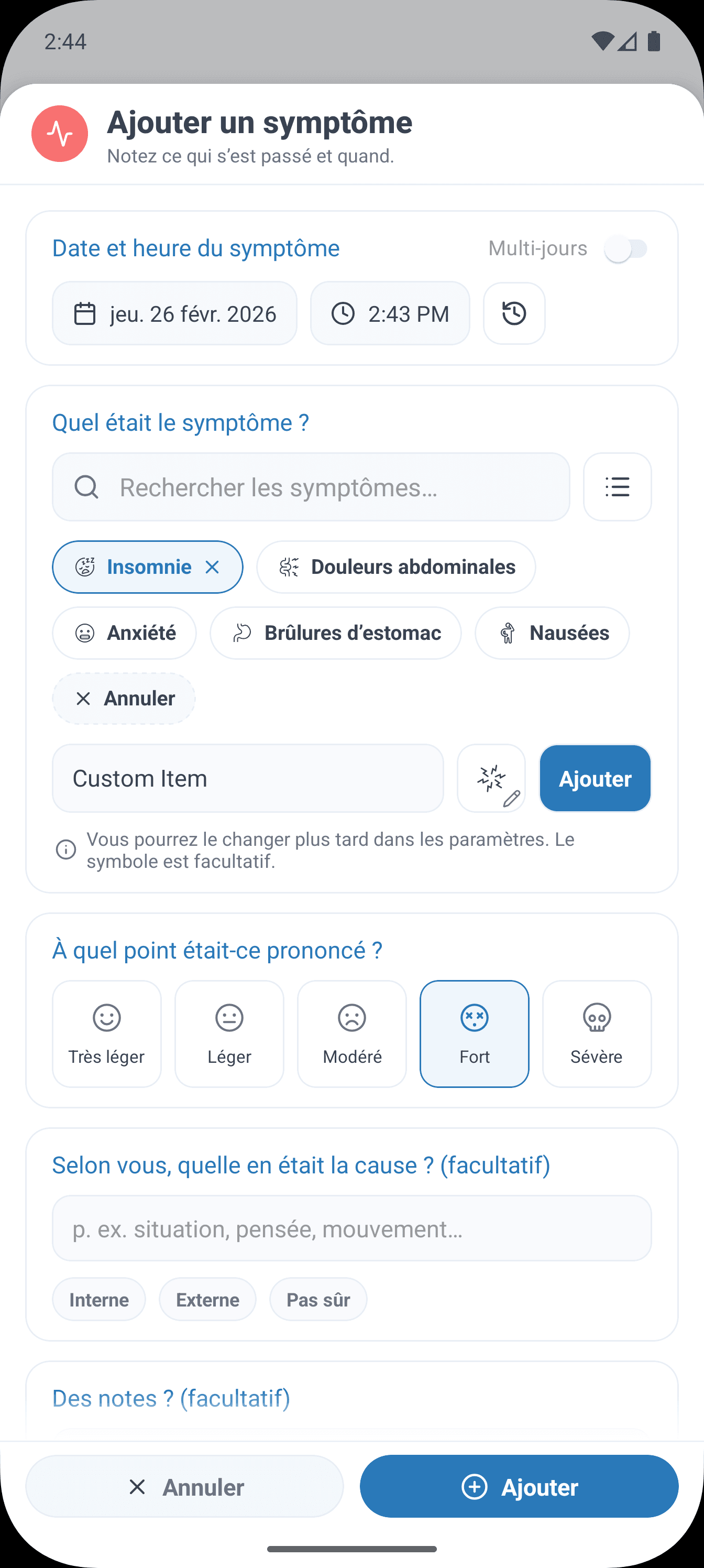 SympLog app screenshot: Choisissez des catégories intégrées ou créez les vôtres pour les symptômes, activités, événements, nutrition et constantes vitales.