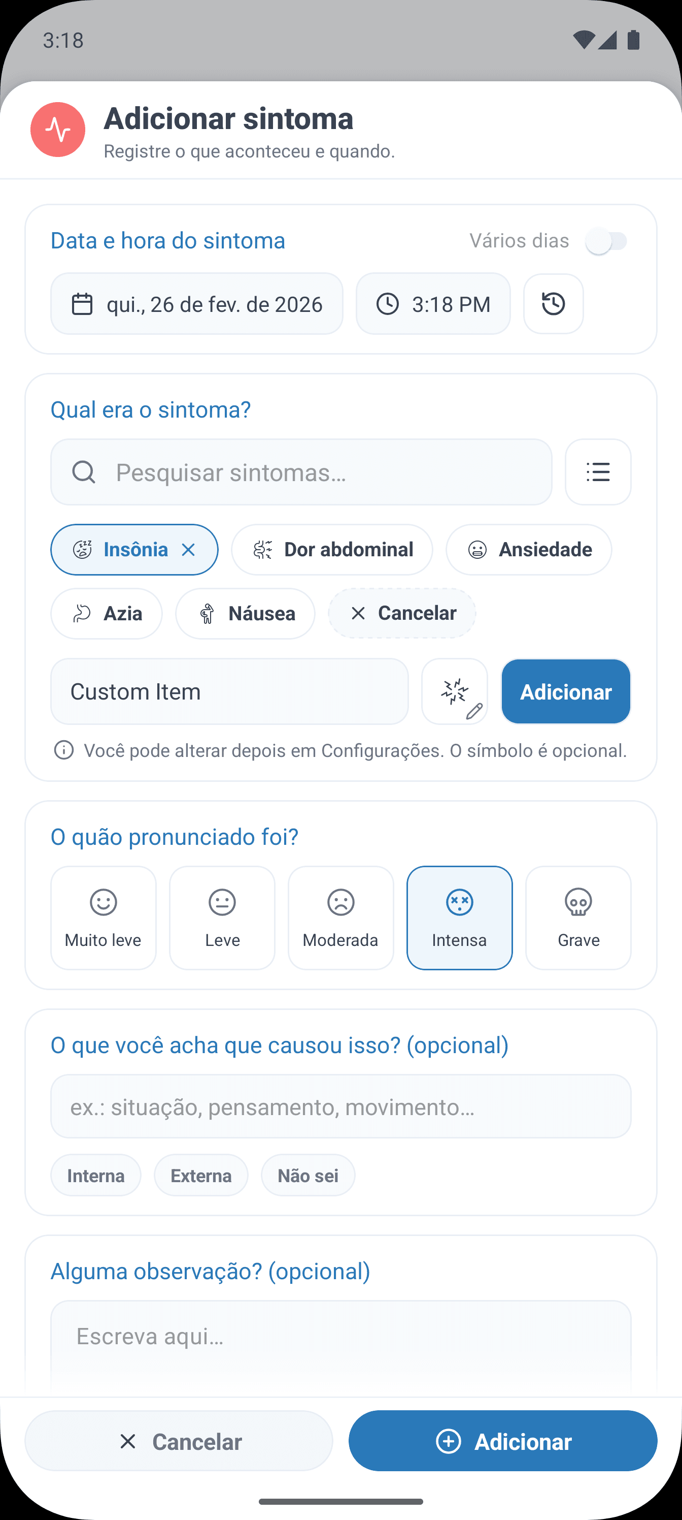 SympLog app screenshot: Escolha categorias integradas ou crie as suas para sintomas, atividades, eventos, nutrição e sinais vitais.