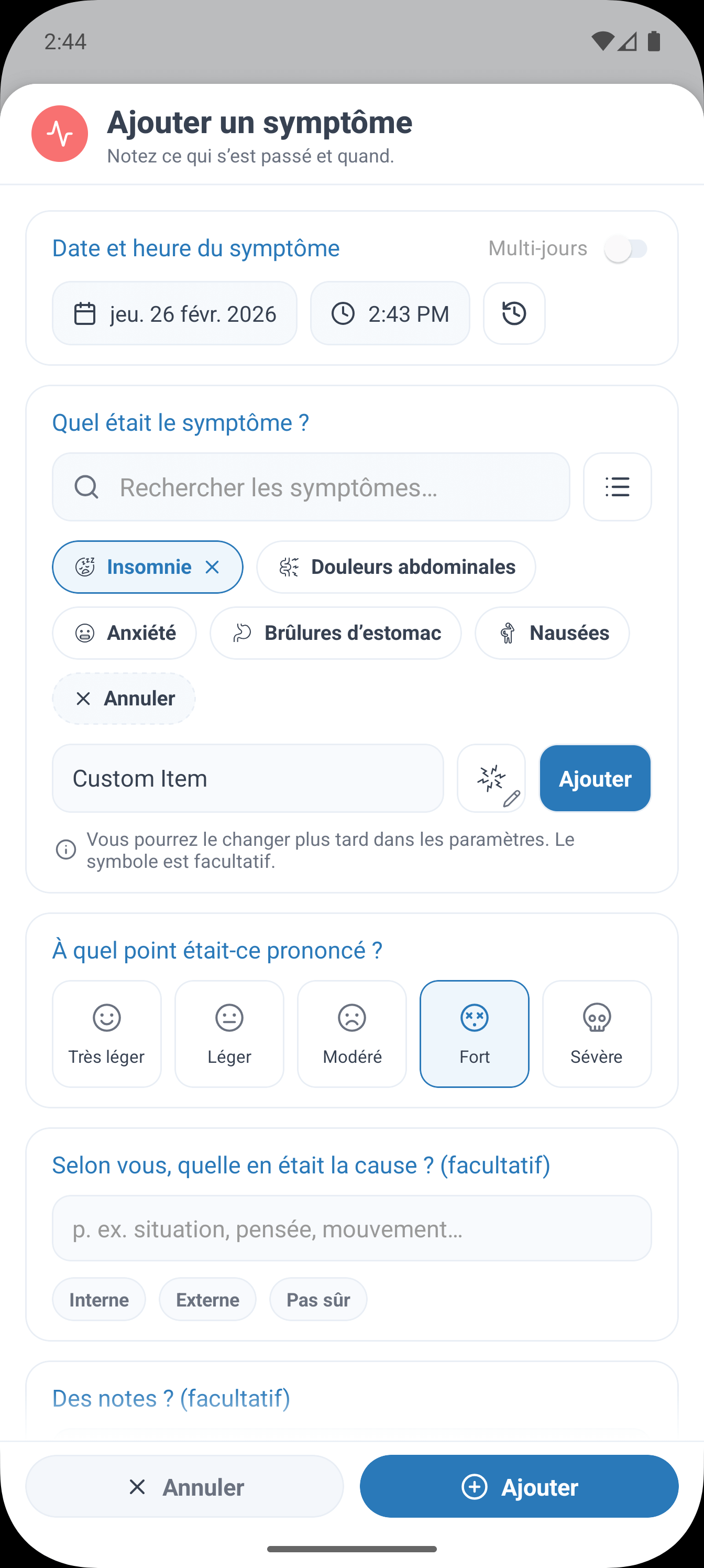 Choisissez des catégories intégrées ou créez les vôtres pour les symptômes, activités, événements, nutrition et constantes vitales.