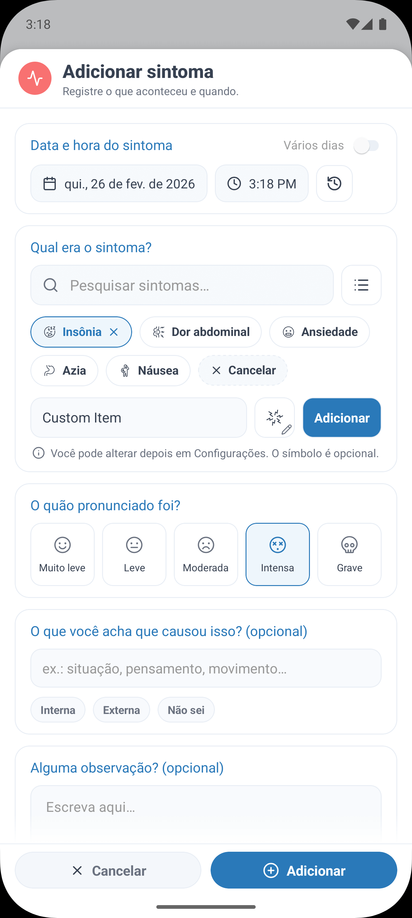 Escolha categorias integradas ou crie as suas para sintomas, atividades, eventos, nutrição e sinais vitais.