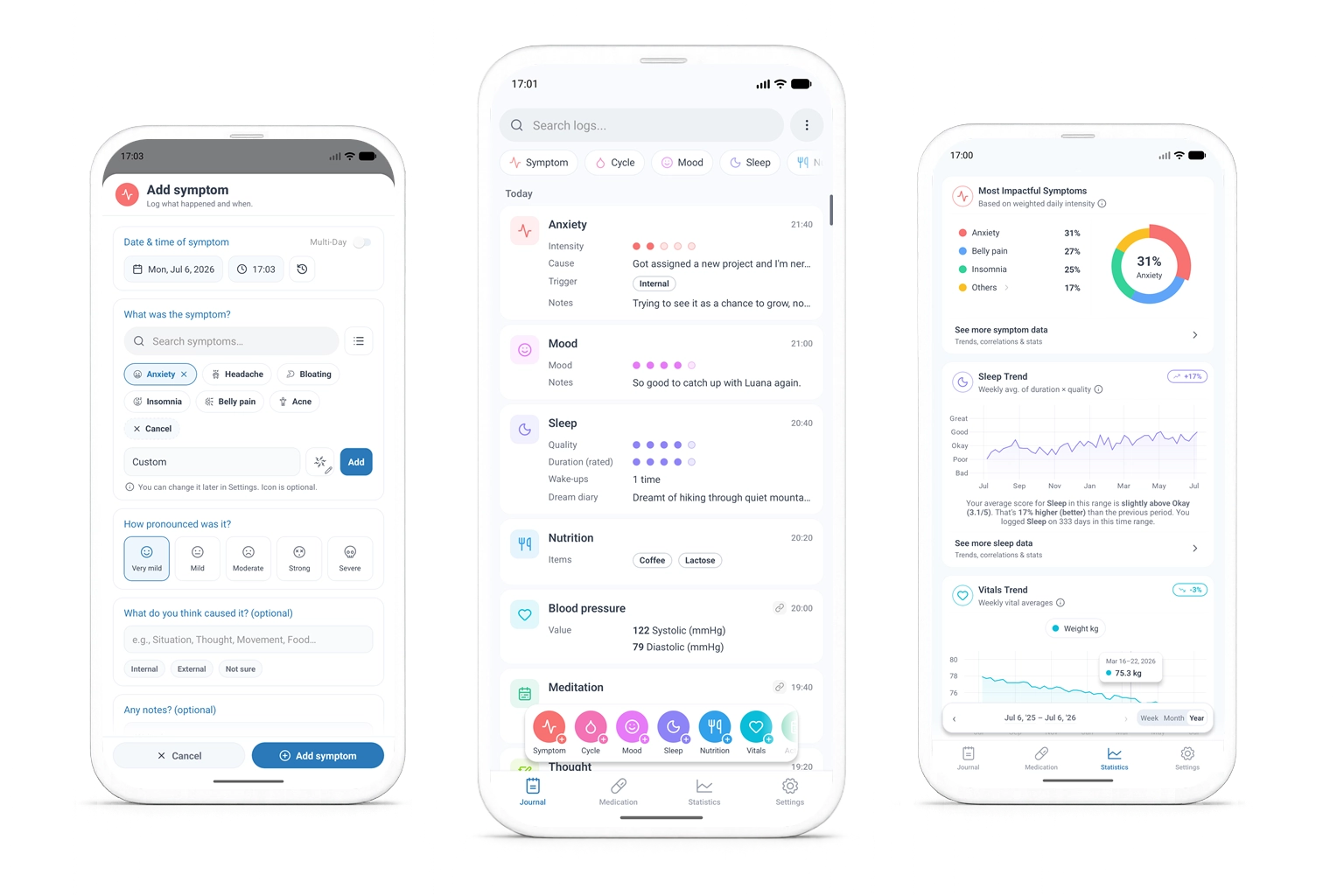 SympLog on iPhone and Android — track symptoms, vitals, sleep, cycle, medications and more, privately on your device