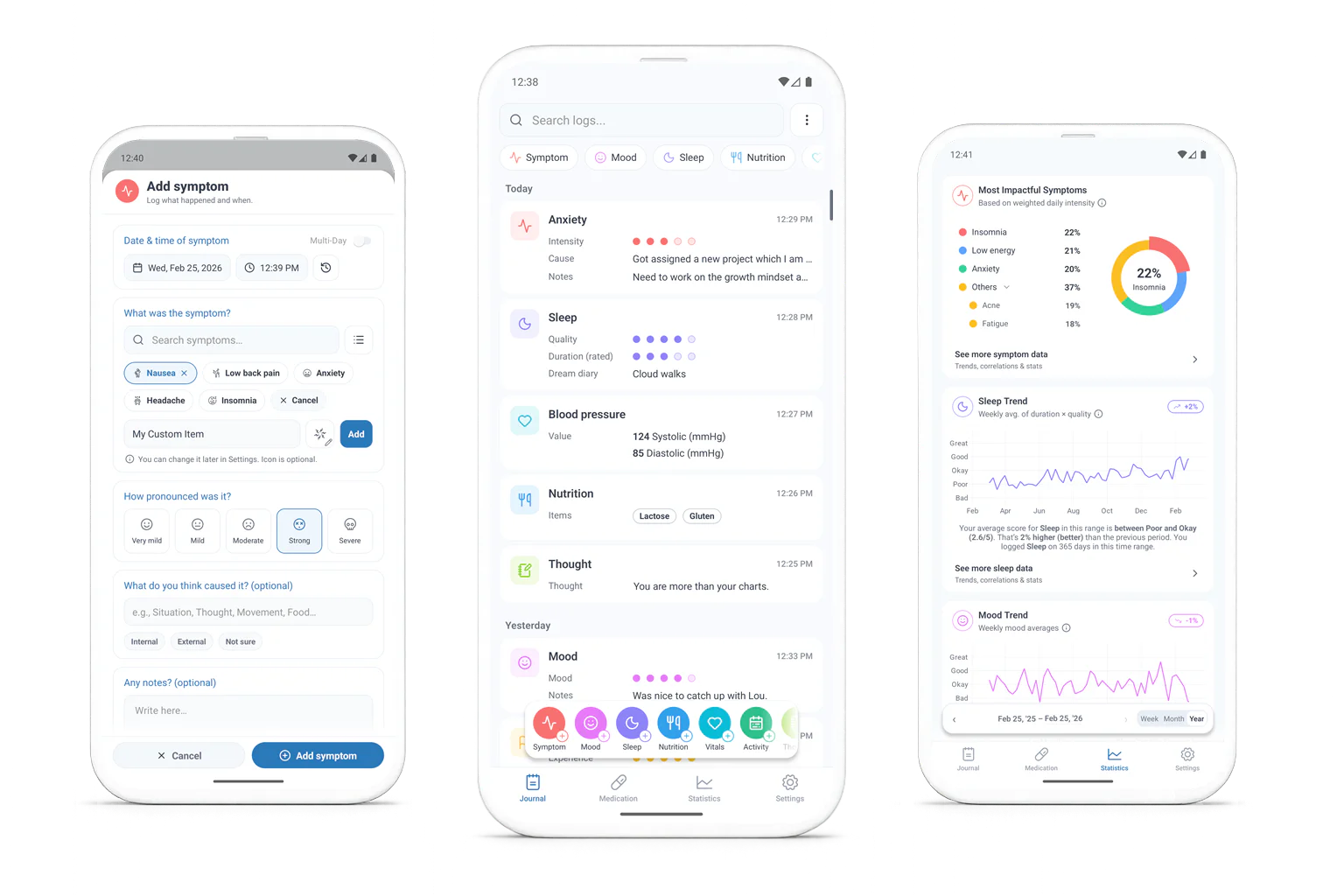 SympLog on iPhone and Android — track symptoms, vitals, sleep, cycle, medications and more, privately on your device