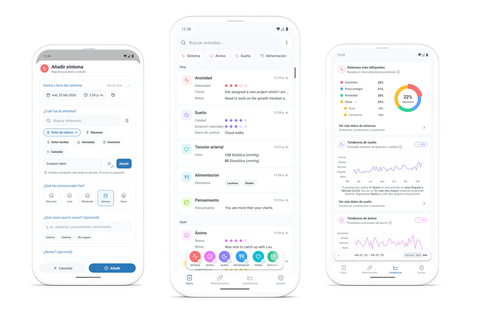 SympLog en iPhone y Android — síntomas, constantes vitales, sueño, ciclo, medicación y mucho más, en privado en tu dispositivo