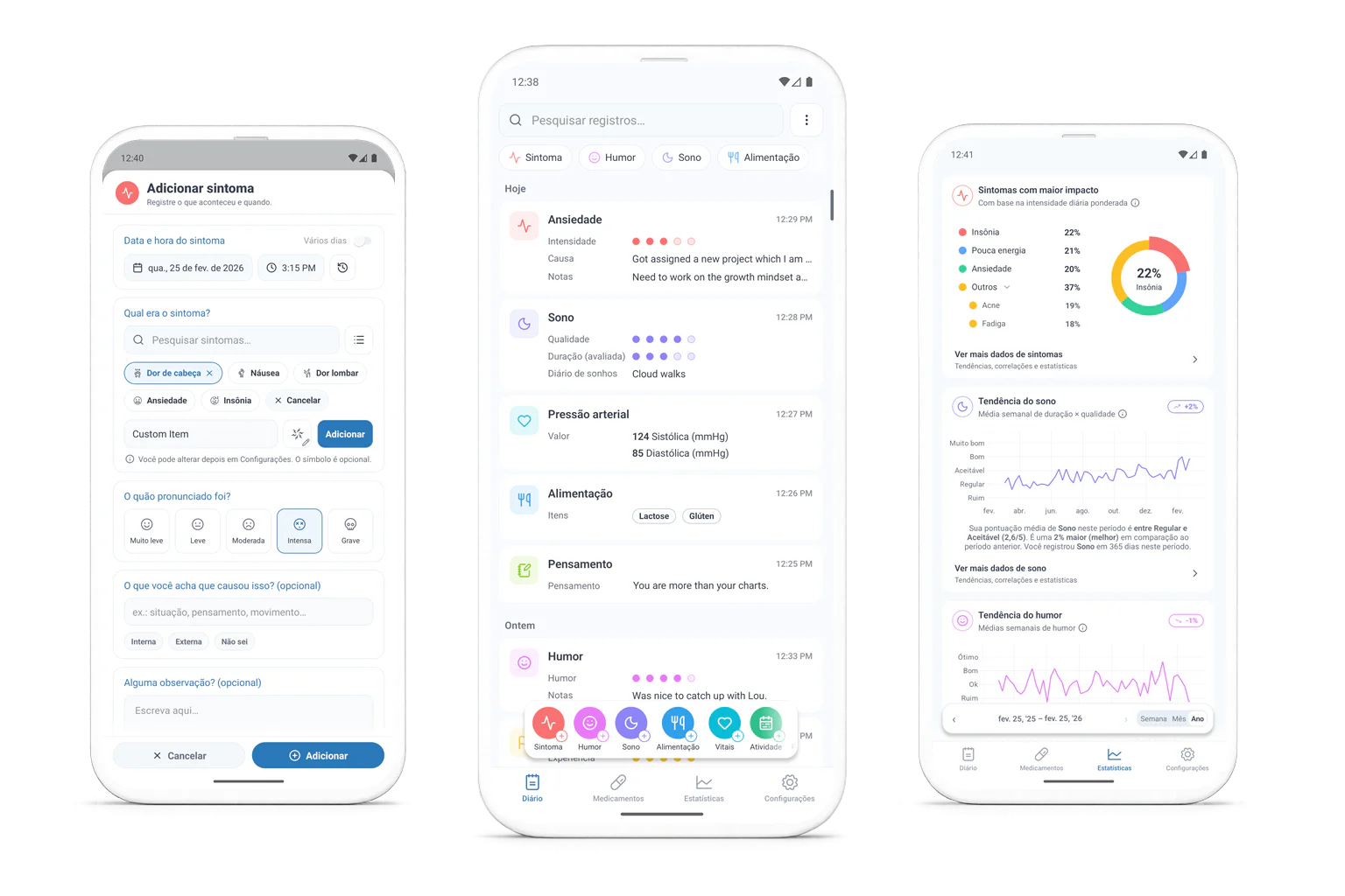 SympLog no iPhone e Android — sintomas, sinais vitais, sono, ciclo, medicamentos e muito mais, em privado no seu aparelho